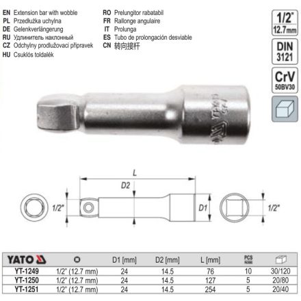 YATO YT-1249 Dugókulcs toldószár csuklós 1/2" 76 mm CrV